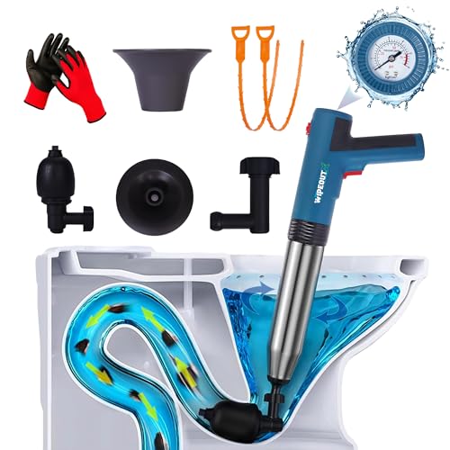 WIPEOUTX Electric Toilet Plunger with Pressure Gauge High-Pressure Air Drain Blaster with 4 Attachments 2 Hair Clog Removers and Reusable Gloves Unclogs Toilet Shower Bathroom Drains