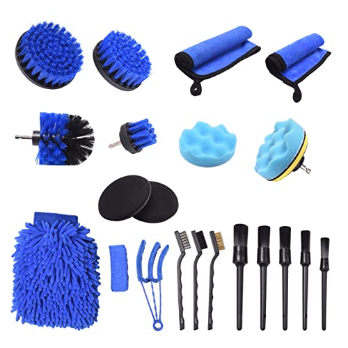 AUACDIY 22 Pcs Car Wash Brush Kit, Interior Exterior Auto Cleaning Tool Set, Car Drill Brushes, Polishing Pads, Wheel Rim Brush, Detailing Brushes, Wash Mitt, Towel, Sponge, Air Conditioning Brush