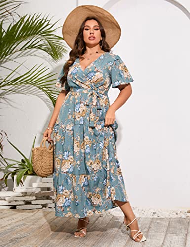 Image of ShopWonder Womens Plus Size V Neck Wrap Maxi Dress High Waist Ruffle Summer Casual Dress with Belt