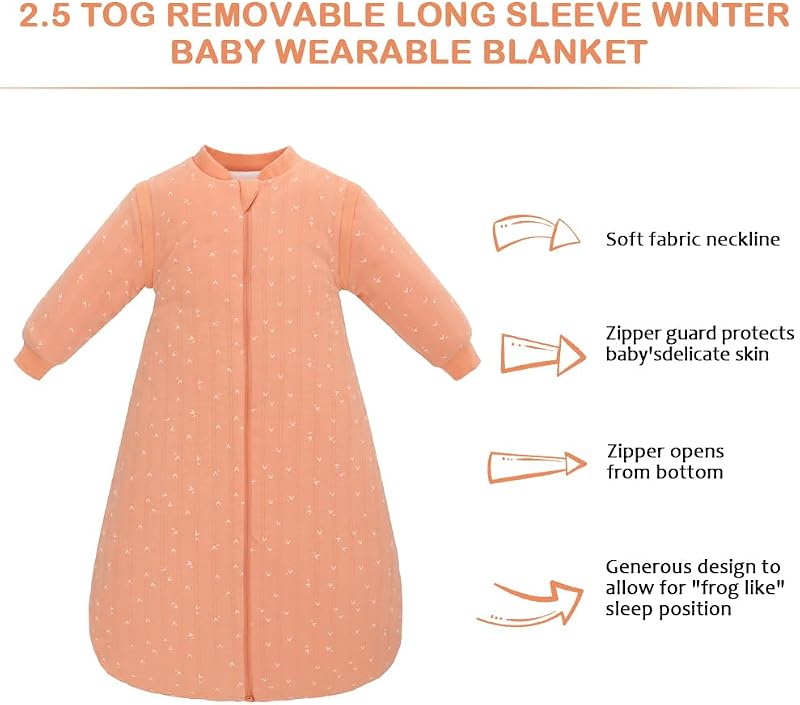 amo nenes Baba Hálózsák 2.5 TOG - 100% Pamut Téli Hálózsák Levehető Ujjakkal, 72 cm, 0-6 Hónapos Babáknak, Narancssárga