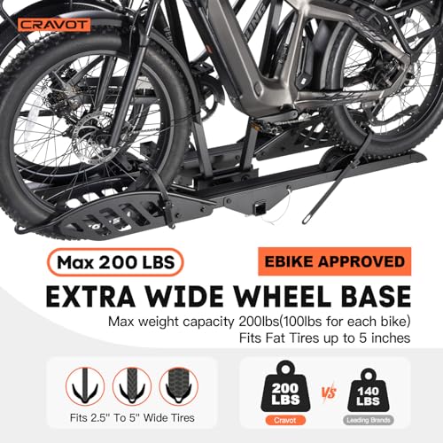 Image of CRAVOT CyberRack E2 EBike Rack with Ramp for 2 EBikes,200lbs Capacity | Ebike Carrier Foldable Platform Mount, Up to 5-inch Fat Tire Bicycle for 2'' Receiver Cars Trucks SUVs Minivans Trailer