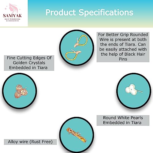 Image of Samyak Crystal Pearl Hair Vine Tiara Headband Headdress Hair Jewellery /Hair pin /Bun Clip For Bridal Wedding Functions Bridesmaid (Golden)