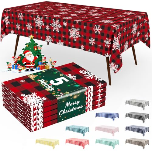 Image of Smiry Plastic Table Cloth Disposable 5 Pack, 54 x 108 Inch Rectangle Waterproof Tablecloth, Printed Gold Table Runner Style for Birthday Weeding, Party Decorations, Sturdy, Red and Black