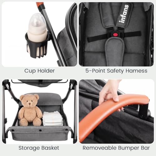 Image of INFANS 2 in 1 Baby Stroller, Newborn Convertible Stroller Bassinet for Infant, Foldable High Landscape Shock Absorption with Reversible Seat, Aluminum Structure for Toddler Pushchair 0-36 Month