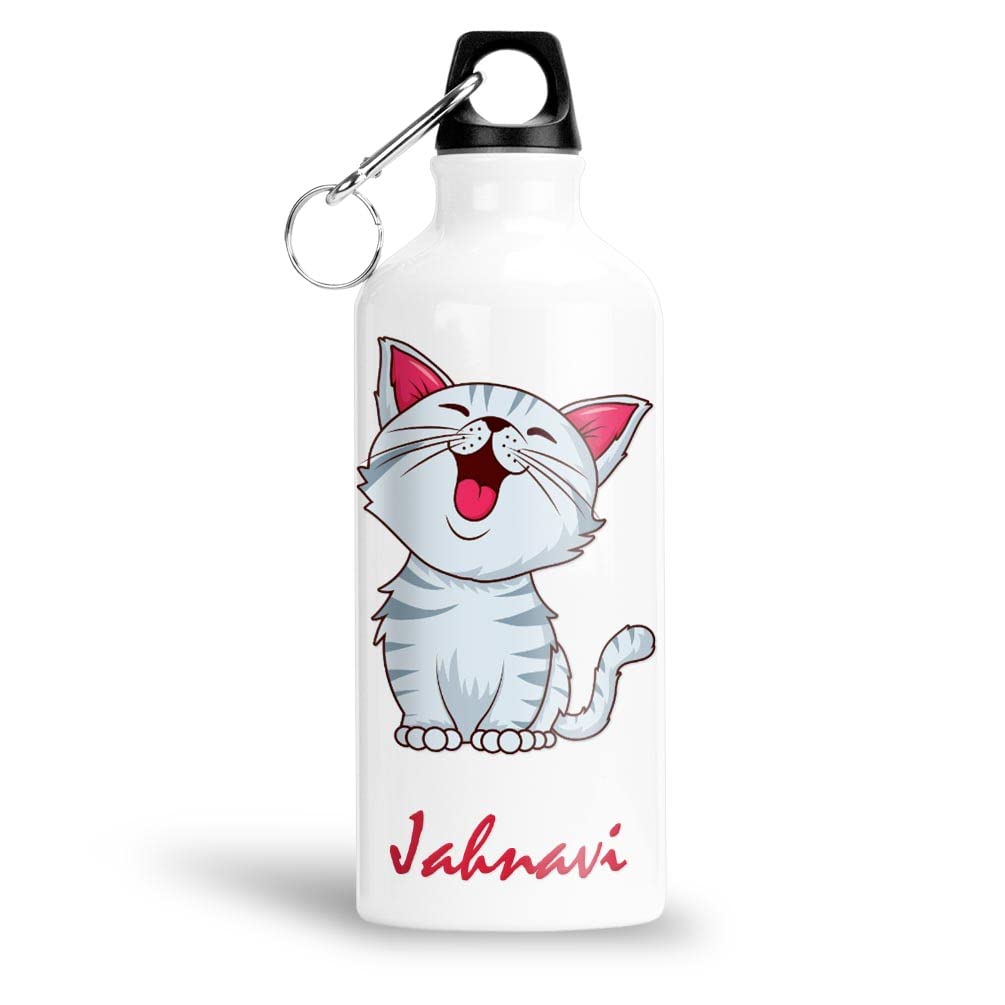FurnishFantasy Cute Cat Personalised Aluminium 750ml Water Bottle for Kids - Best Birthday Gift for Son, Daughter, Brother, Sister, Return Gift for kids - Color - White, Name - Jahnavi