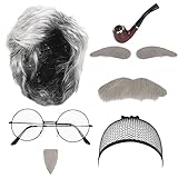 Alter Mann Kostüm Set: Zu diesen Anzügen gehören silberne Opa-Perücken, Brille, Grau Augenbrauen, Schnurrbart und Tabakspfeife . Durch das Anziehen können Sie Ihr Aussehen sofort ändern. Sie können auch einen Hut oder ein Kopftuch auf Ihrer Perücke tragen, um der Party Persönlichkeit und Spaß und Freude zu verleihen.