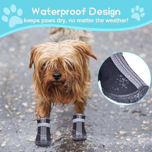 Hundeschuhe Pfotenschutz Outdoor, 4 Stück Wasserdicht Hunde Schuhe mit Reflektierendem Klettverschluss, Verstellbarer Hundestiefel für Kleine Mittlere Große Hunde (Schwarz-Wasserdicht, 5)