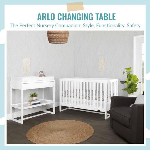 Image of Dream On Me Arlo Changing Table with Pad & Safety Strap - White | Solid New Zealand Pinewood, Non-Toxic Finish, Spacious Fixed Storage Shelf for Diapers, Water-Resistant 1 inch Pad