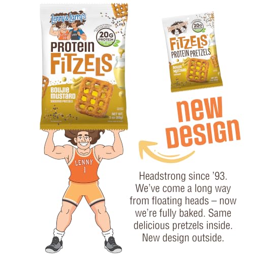 Image of Lenny & Larry's FITZELS Protein Pretzels (Boujie Mustard) 8 Individual Bags 3 oz Each - High Protein Snacks with 20g of Plant Based Protein - Healthy Vegan Pretzels - Delicious Salty Taste