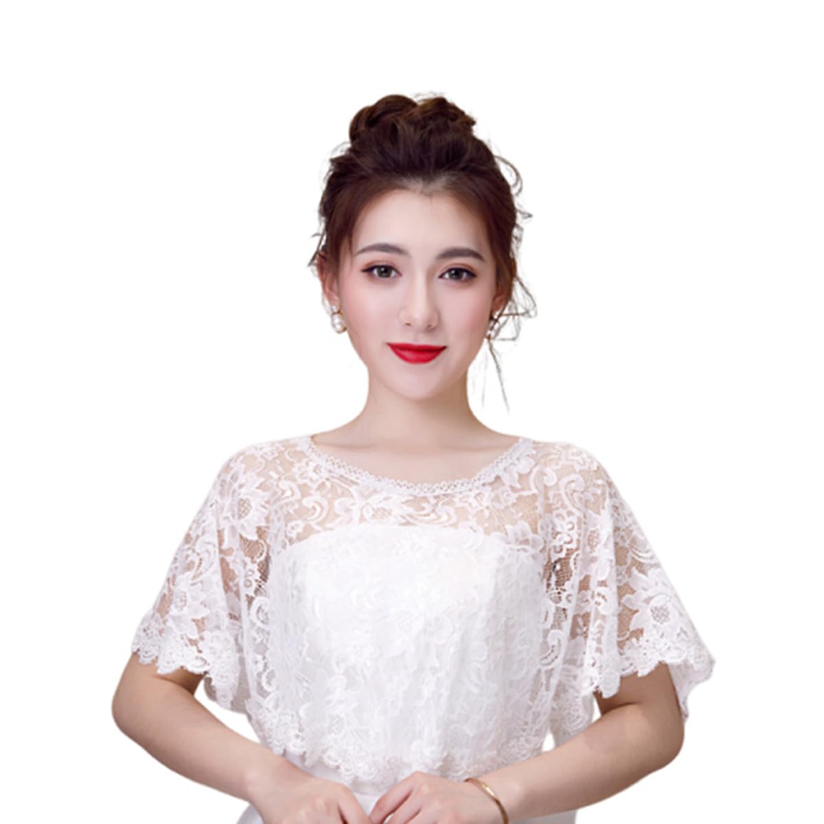 SamHeng Women Lace Cape for Bridal, Elegant Embroidered Flower Bolero Shawl Wrap Shoulder Cover-Up Wedding Capelets for Formal Evening Dress Bride Bridesmaids Lady Proms Party Costume (White)