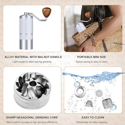 M6 Manual Coffee Grinder,Coffee Burr Grinder with 24 Grinding Settings,Espresso Grinder With Sharp Hexagonal Mill Core & Walnut Handle,Portable Mini Coffee Grinder for Office Travel Camping - Image 5
