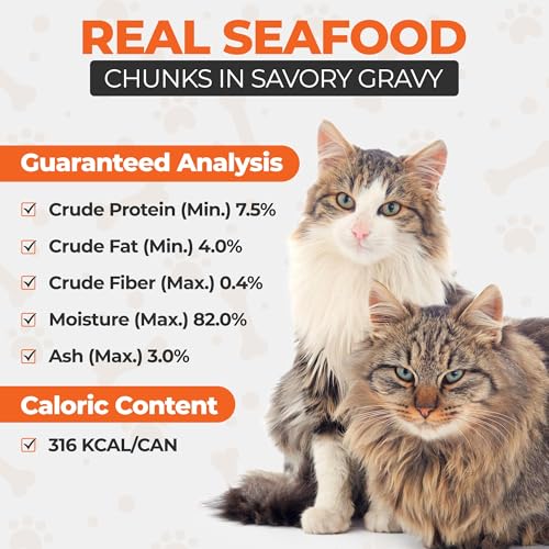 Image of Scoochie Pet Products Chef Scoochie's Tender Seafood Chunks in Gravy Wet Cat Food - Easy Open Pop-Top Cans - Protein & Essential Nutrients - Gourmet Meal for Indoor & Outdoor Cats 24 Cans (14 oz e.)