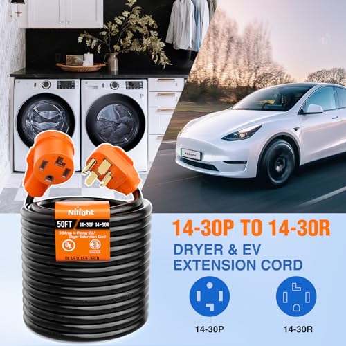 Image of Nilight 50FT EV Dryer Extension Cord 4 Prong 30 Amp NEMA 14-30P 14-30R Old Cable Heavy Duty 10 Gauge Pure Copper Wire UL Listed 125 /250V for Level 2 Using
