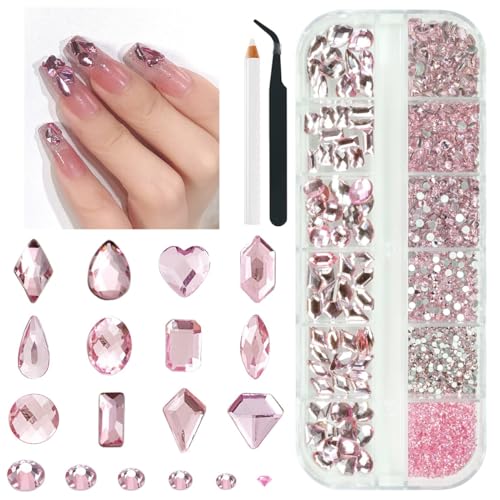 qiipii 2052Pcs Pink Nail Rhinestones Light Pink Rhinestones for Nails 72 Multi Shapes Big Gems +1980 Flatback Round Beads K9 Glass Crystals Diamonds Jewels Nail Charms Nail Art for Nails Faces Makeup