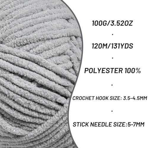 Image of Plush Chenille Chunky Crochet Yarn - Baby Yarn for Crocheting Soft - Velvet Yarns Knitting for Blankets Crafts - Fluffy Amigurumi Yarns 100g / 131yd (Grayish)