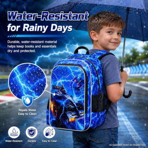 Image of 3Pcs Race Car Backpack, Boys Lightning Kids Bookbag with Lunch Box, 17 inch School Backpacks for Elementary Preschool Kindergarten (Blue)