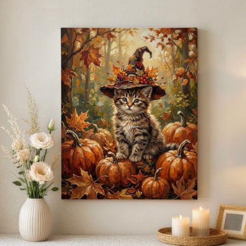 Lienzo decorativo de gatito y calabazas para llenar de ternura tu hogar