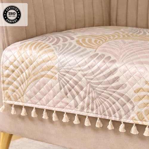 Image of HOMEMONDE 1 Seater Quilted Velvet Printed Sofa Cover with Tassels |Soft, Durable & Premium Fabric with Tassels | Sofa Cover Mats for Living Room, Bedroom & Drawing Room (76 X 61 CM, Opal Palms)