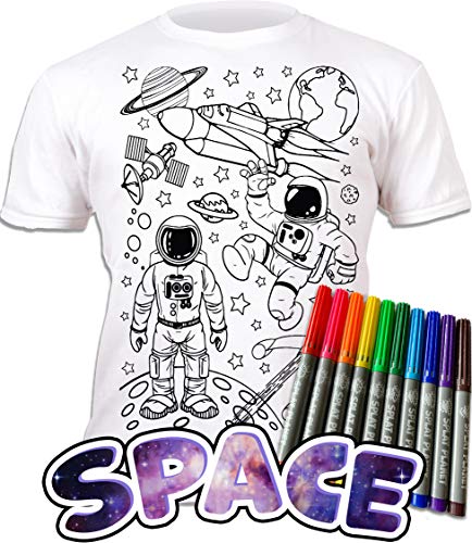 Image of Splat Planet Colour-in Space Man and Space Rocket T-Shirt with 10 Non-Toxic Washable Magic Pens - Colour Your Own, Colour-in and Wash Out T-Shirt