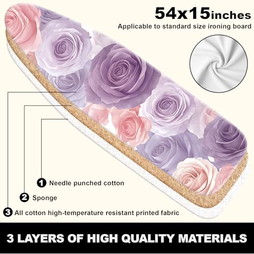 Image of Ironing Board Cover 15x54 Inch- Standard Cotton Cover with Strong Elastic Edge & Stain Resistant Surface (Rose Floral, 15 inch x 54 inch)
