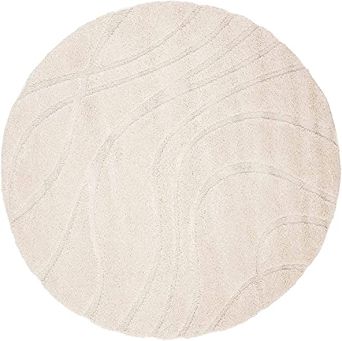 Image of Geometric Wave Round Shaggy Carpet for Living Room, Bedroom, High Low Design Finish Microfiber 1.8 Inch Pile High, 5x5 Feet Ivory|Ivory Color
