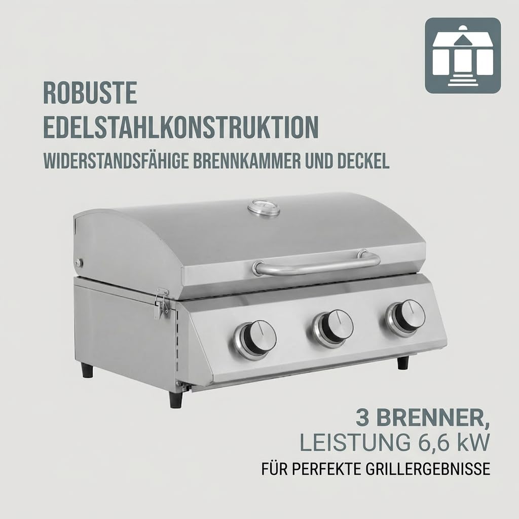 Tarrington House Tisch-Gasgrill CATHAN, 3-Brenner-Gasgrill, Grillrost edelstahl. Stahl/Edelstahl, Tischgrill für Outdoor, Balkon, Camping, silber