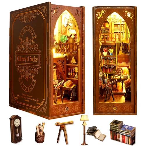 OurMiao Book Nook Kit Library of Books, DIY Booknooks Kit for Adults Teens with Sensor Lights, Bookshelf Diorama Insert Decor Miniature Scenes Decorative Bookends