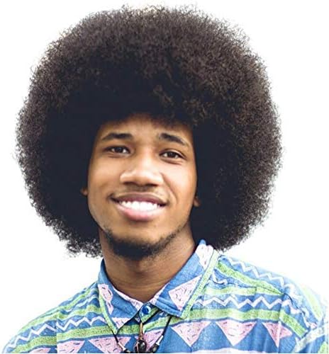 BECUS Afro Wig Men for Black Men Human Hair Afro Black Hair Wig 70's 80's Disco Rocker Costume Wigs with Free Wig Cap Brazilian Virgin Human Hair(8 inches Fluffy Tight Curls #1B)