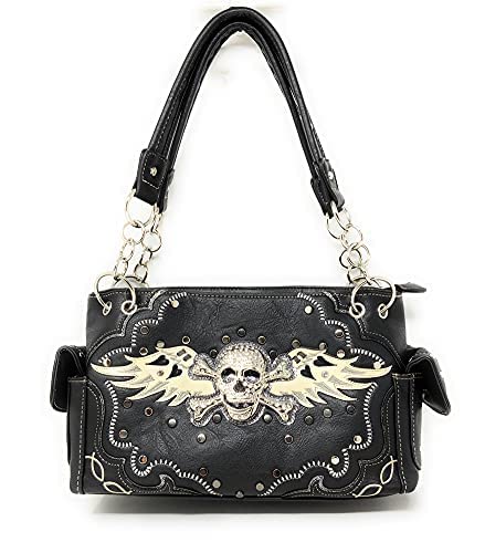 Texas West Women's Embroidered Metal Skull With Wings Purse Handbag and Wallet set