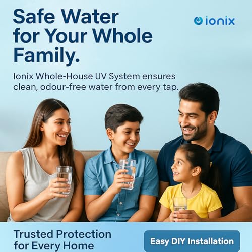 Image of IONIX Whole house UV filter, Uv Sterlizer for supply water | Stainless Steel-304 | upto 2000 Liters per hour filteration | Anti Bacterial | Virus killer for whole house, 1 piece, Silver