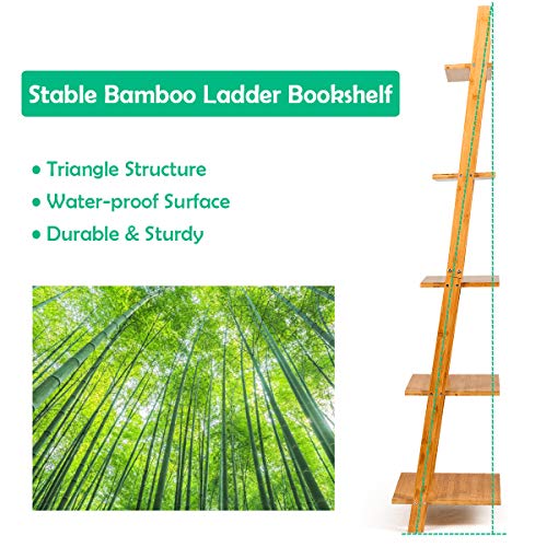 Tangkula Bamboo 5-Tier Ladder Shelf Bookshelf, Wall-Leaning Bookshelf, Plant Flower Stand, Storage Display Shelves for Living Room Bathroom Office, Multifunctional Ladder Bookcase (Natural)
