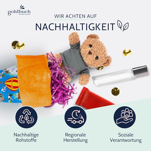 goldbuch 93 070 Geschwistertüte Weltkarte, Schultüte mit Weltkartenmotiv, Lackkarton, Geschenkverpackung mit gelbem Filzverschluss (ohne Verschlussband), Zuckertüte rund, Länge 35 cm, Ø 11,5 cm