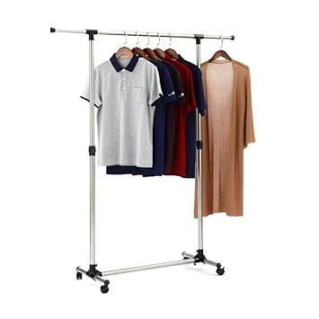 RAVIZAA Steel Single Pole Cloth Drying Stand Foldable Stainless Steel Garment Rail Rack Height Adjustable Clothing Racks for Boutiques [Colour May Vary, Standard Size]