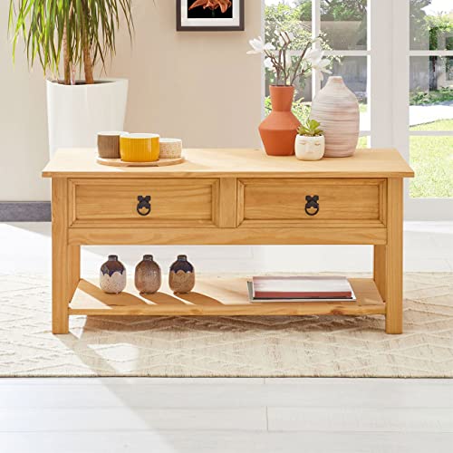IDIMEX Table Basse Tequila Table de Salon rectangulaire Style Mexicain, avec 2 tiroirs et 1 étagère inférieure, en pin Massif à la Finition teintée et cirée