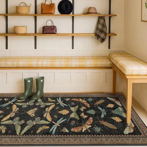 Image of Black Insect 2'6 inchx8' Washable Non Slip Runner Rugs for Hallways, Non Skid Stain Resistant Rug Runners for Kitchen, Entryway, Mudroom -, Dark Floral Boho Cottagecore Home Decor