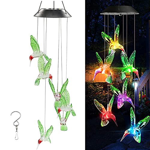 Solar Mobile Hummingbird Wind Chimes, Color-Changing Hanging Hummingbird LED Light Wind Chimes for Outdoor Indoor Home Yard Garden Decoration (Mom gifts, Birthday Gifts for Mom, Grandma Gifts)