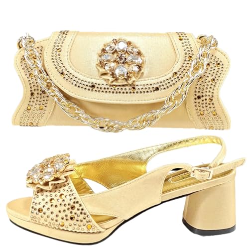 Women Open Toe Heels Elegant Party Pumps Italian Shoes and Bags Matching Set with Rhinestone Decoration