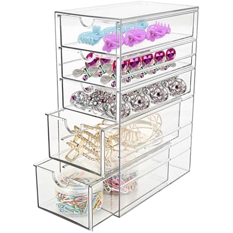 YAYODS Clear Plastic Hair Accessory Storage Organizer, Hair Accessories Organizer Box with 5 Drawers, Hair Tie Organizer Storage Box for Hair Accessories, Bathroom, Office Cover
