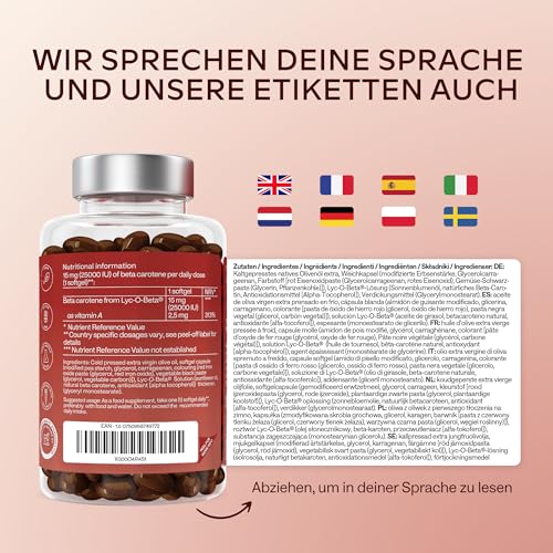Beta Carotin Kapseln Hochdosiert für Bräune 25000 IE Vitamin A Hochdosiert - Beta Carotin Bräunungskapseln mit Lyc-O-Beta und Extra Virgin Olivenöl für einen strahlenden Teint - 180 Softgel-Kapseln