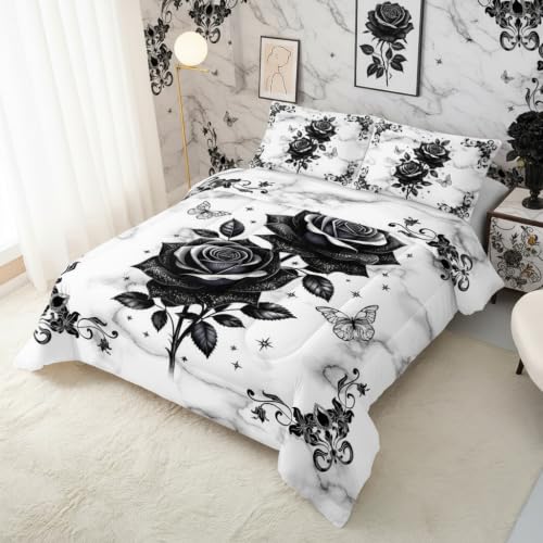 Image of QOOMO Black Flowers Bedding Set, Queen Size