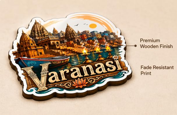 Image of Varanasi Temple Theme Wooden Fridge Magnet Souvenir | 3x3 in Kitchen Home Decor Gift