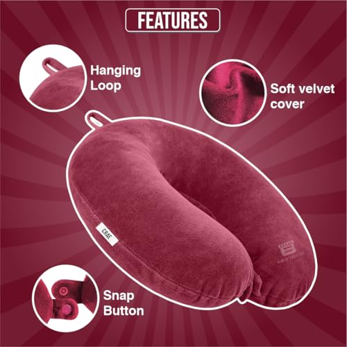 Image of CRAE Travel Neck Pillow for Men & Women | Soft Fibre Cushion for Flight, Car & Train | Soft Velvet Fabric with Attachable Snap Strap | Cervical Support for Neck Pain Relief.Pack of 1(Romantic Rani)