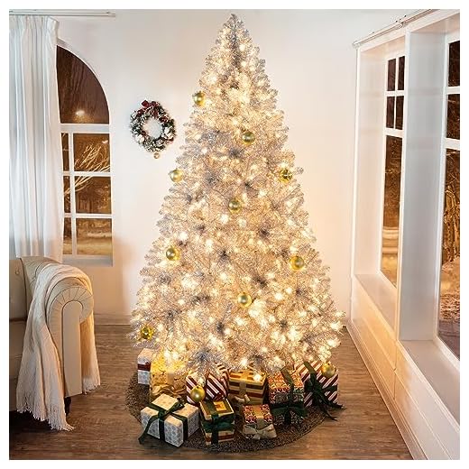 Naomi Home 7.5ft Silver Christmas Tree with Lights, Unique Colored Prelit with 1412 Branch Tips, 600 Warm Lights and Metal Stand, Aritificial Tree