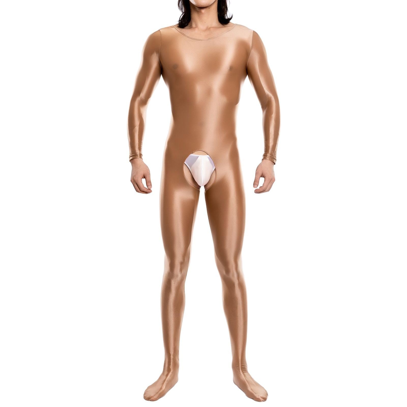 RUMAOZIA Bodysuit Men's Oil Full Body Suit Stretch Jumpsuit Plain Shiny Jumpsuit Sexy Wetlook Playsuit Breathable Undershirt Shapewear Bodybuilding Leggings Sports Suit Party Clubwear, O coffee., M