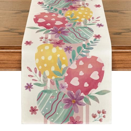 Chemin de Table de Pâques, Décorations de Table pour Pâques, Décoration Printanière avec Motif Œuf et Fleurs, Décoration de Table Moderne pour Table de Cuisine,...