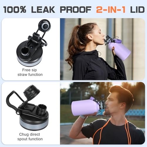 Image of GAZLEMHO Insulated Water Bottle 64 oz, Half Gallon Water Jug Cold 48H, BPA Free Stainless Steel Bottles with Straw /Chug 2-in-1 Lid, Bag, Paracord Handle, Silicone Boot, Sports Gym School Metal Flask