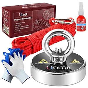 Uolor Magnet Fishing Kit with Rope 20M(66ft), Gloves & Threadlocker, N35 Super Power 160KG(353LB) Pull Force Round…