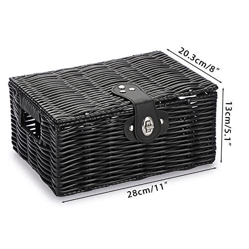 Hipiwe Decorative Storage Boxes With Lids & Lock Black Woven Basket Bin Built-In Carry Handles Plastic Shelf Basket Lidded Multifunctional Household Organizer Box For Clothes Toy Book Snack #TOP4