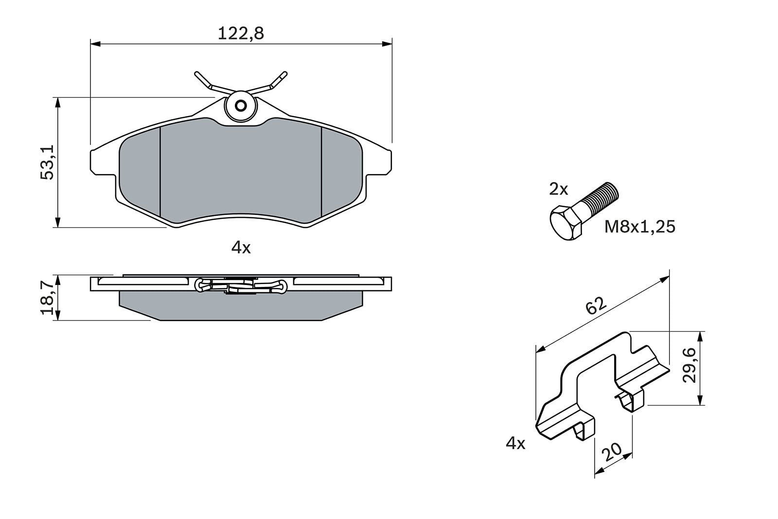 Bosch BP1408 Pastillas De Freno Eje Delantero – 4 Pastillas Sin Cobre, Bajo Ruido Y Polvo, Certificación ECE-R90 (Altura 70mm, Ancho 148.3mm, Grosor 19.3mm)