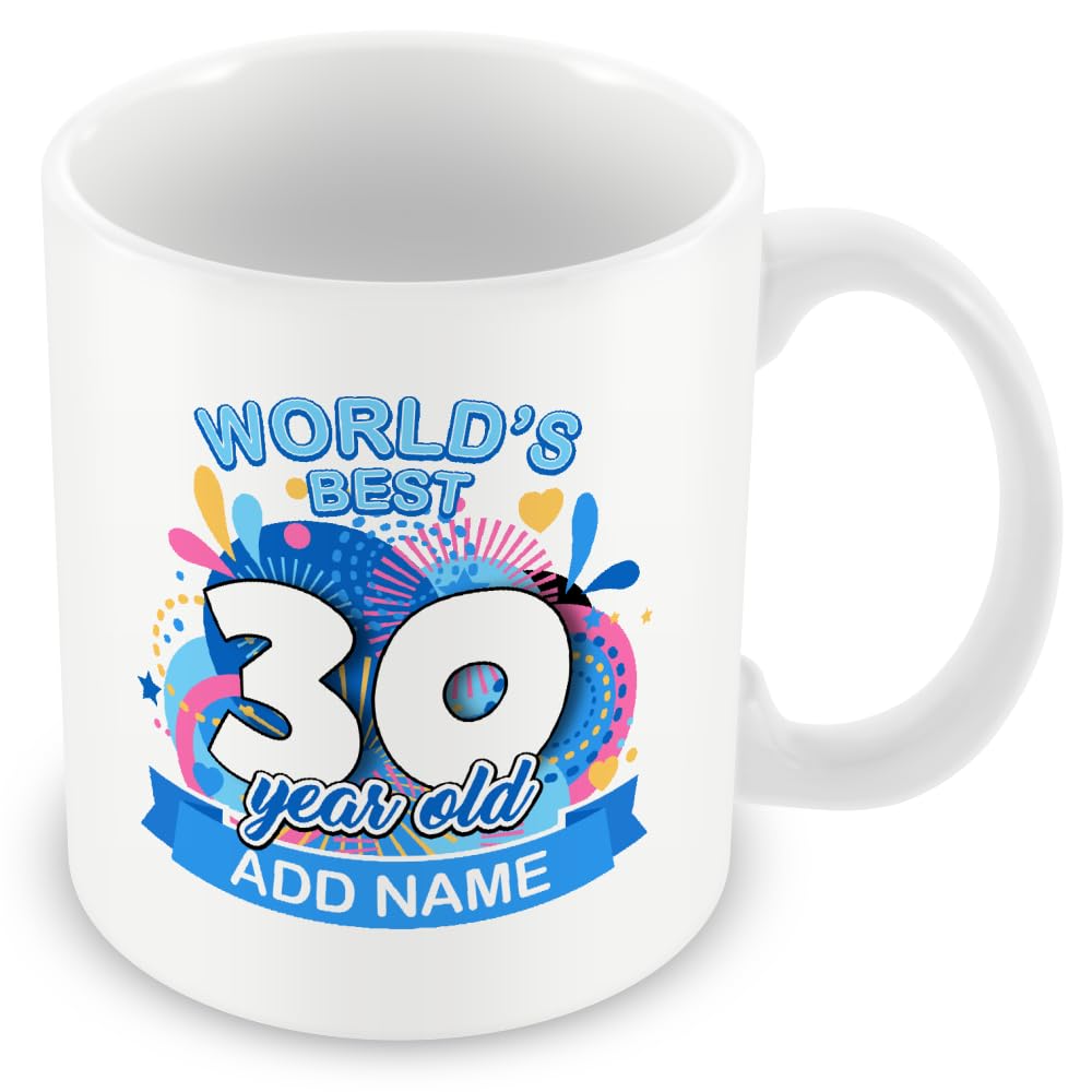 MUGGZ Personalised World's Best 30 Year Old Mug โ Custom Name Birthday Coffee Cup โ Colourful Blue Design โ 11oz Ceramic